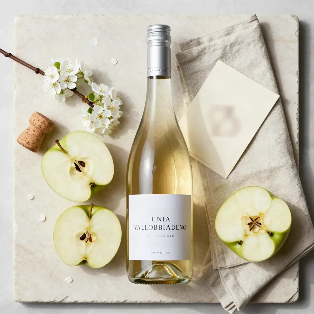 Bottiglia di prosecco con mele, fiori bianchi, tovagliolo di lino e tappo su pietra chiara.