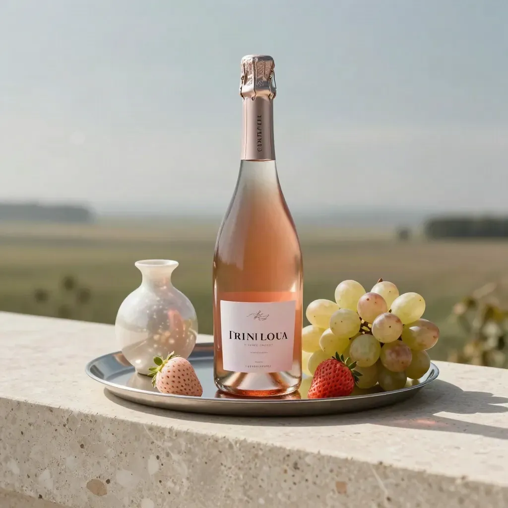Bottiglia di Prosecco rosé con fragola, uva e vassoio metallico su travertino, luce soffusa.