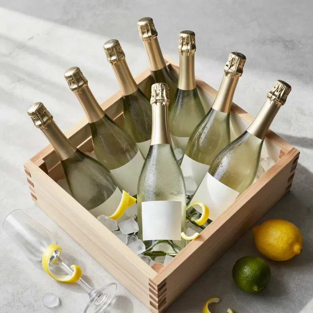 Flatlay dall’alto di mini bottiglie di prosecco in cassetta con ghiaccio, scorze di agrumi e flute.