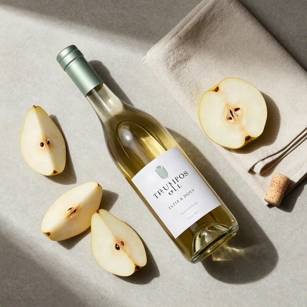 Flat lay dall’alto con bottiglia di prosecco, pere, mele, tovagliolo di lino e tappo su pietra chiara.