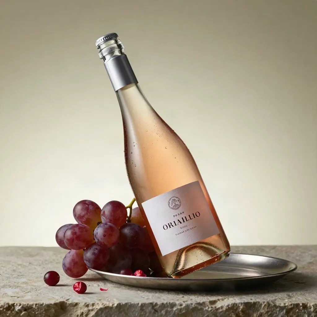 Bottiglia di Rosé Brut DOC tra uva blush, vassoio d’acciaio e pietra spazzolata