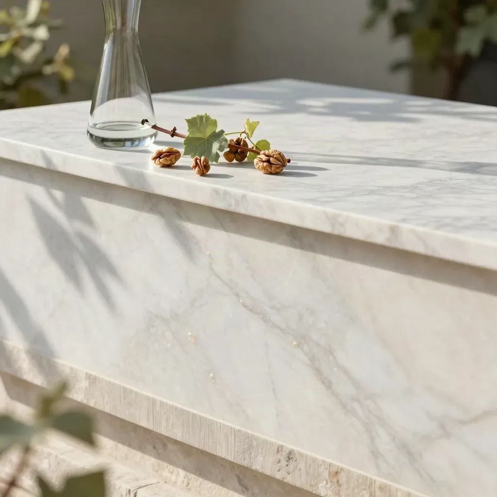 Terrazza di marmo bianco con caraffa e tralci di vite, luce mattutina morbida.
